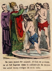 Su voto había sido cumplido, Clodoveo fue bautizado en la catedral de Reims por San Remigio, obispo de la ciudad