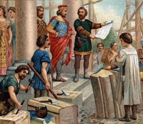 Episodios históricos de ciudades famosas: Clodoveo elige París como residencia permanente (en 508). Cromolitografía del siglo XIX