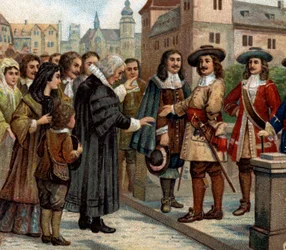 Episodios históricos de ciudades famosas: El Gran Elector, Federico Guillermo I de Brandeburgo (1620-1688), recibió a emigrantes franceses en Berlín (1685). Dio la bienvenida a los protestantes franceses que, tras la revocación del Edicto de Nantes, habían