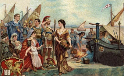 Episodios históricos de ciudades famosas: los Venetes perseguidos por los Hunos ocupan las lagunas (en 452). Es la fundación de Venecia - Invasiones bárbaras - Cromolitografía del siglo XIX