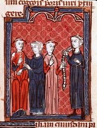 Historia del Derecho Canónico: “Mujer condenada al cinturón de castidad”. Miniatura tomada del “Decretum Gratiani” (Concordia discordantium canonum) que data de 1140 y regula las leyes y cánones de la Iglesia Católica Romana. Siglo XIII