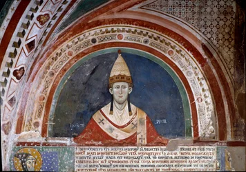 Historia de San Francisco de Asís: representación del Papa Inocencio III, mostrando la bula que confirma la regla franciscana en 1210 (fresco)