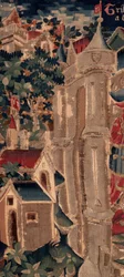 Historia de San Piat y San Eleuterio, Escena 14: La peste está aplastando la ciudad de Tournai (detalle)