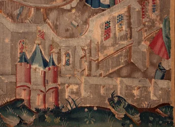 Historia de San Piat y San Eleuterio, Escena 6 (detalle) Parte inferior derecha. Murallas de fortificación de la ciudad.