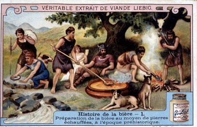 Historia de la cerveza: preparación de cerveza con piedras calientes en tiempos prehistóricos - etiqueta publicitaria de Liébig
