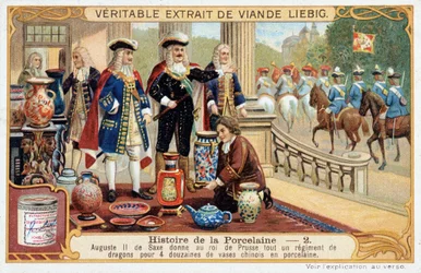 Historia de la porcelana: Augusto II de Sajonia (o Federico Augusto I de Polonia) (1670-1733) regala al Rey de Prusia un regimiento completo de dragones por 4 docenas de jarrones de porcelana china - cromolitografía de Liebig