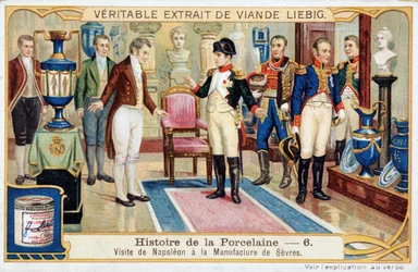 Historia de la porcelana: Visita de Napoleón Bonaparte (1769-1821) a la manufactura de Sèvres - cromolitografía de Liebig