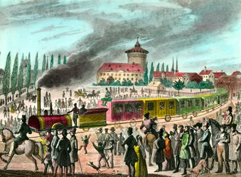 Historia del transporte público: ferrocarril entre París y Versalles. Grabado del siglo XIX. Colección privada