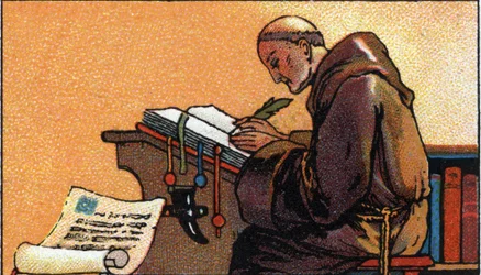 Historia de la escritura: un monje copista copiando manuscritos en la Edad Media, principios del siglo XX (cromo)