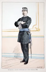 Honorat, Inspector Divisional de la Policía Municipal (1884). Aguafuerte en colores, para ilustración “Historia del cuerpo de los guardianes de la paz” libro publicado bajo los auspicios de Louis Lepine (1846-1933) prefecto de policía de la Sena, por Alfre