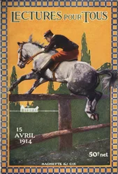 A caballo: Oficial francés a caballo cruzando una barrera. "Lectures pour tous" del 15 de abril