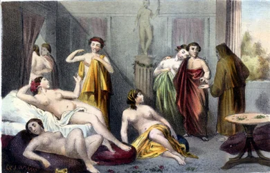 Casa en la antigua Grecia. Grabado del siglo XIX.