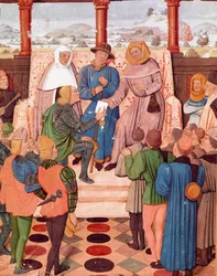 Guerra de los Cien Años: Carlos VII (1403-1461) presenta un documento a Juana de Arco (1412-1431)