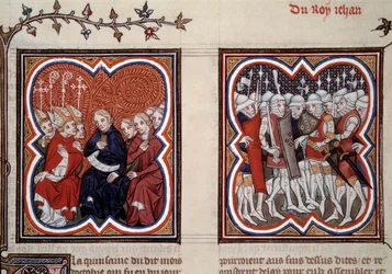 Guerra de los Cien Años: A la izquierda el futuro delfín Carlos V el sabio (1338-1380) y los consejeros de los Estados Generales ordenaron la liberación de su padre Juan II después de la batalla de Poitiers en 1356