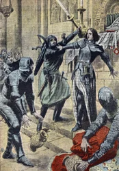 Guerra de los Cien Años: "Representación de la heroína francesa Juana de Arco (1412-1431) impidiendo que los soldados de Carlos II de Albret saquearan la iglesia de Saint-Pierre-le-Moutier, Nievre Borgoña, 4/11/1429" (La heroína francesa Juana de Arco luch