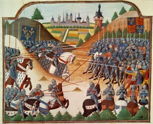 Guerra de los Cien Años: la batalla de Formigny (Calvados) el 15/04/1450 entre el ejército inglés de Thomas Kyriell y Jean de Clermont. Miniatura iluminada del manuscrito 