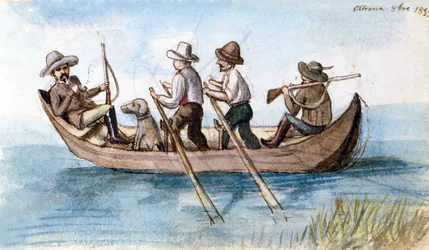 Cazadores en los pantanos. Dibujo