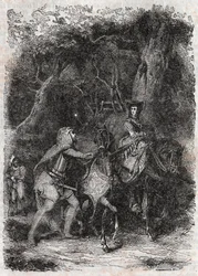 Hipalca arrestada por Rodomonte - grabado de 1851 de “Roland Furioso” (Orlando furioso) (siglo XVI) de Ludovico Ariosto, conocido como el Ariosto - Edición traducida del italiano por el Conde de Tressan y publicada por Gustave Harvard.