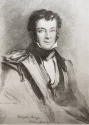 IRVING, Washington (1783-1859). Novelista e historiador estadounidense. Retrato realizado en Sevilla (1828). Litografía.