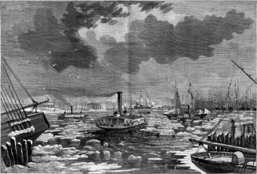 Deshielo en Nueva York visto desde el río Este. Grabado en “El Universo Ilustrado”