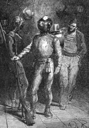 Ilustración de "Veinte mil leguas de viaje submarino" de Jules Verne. Un marinero del Nautilus con el escafandro Rouquayrol - Denayrouze. Grabado del siglo XIX