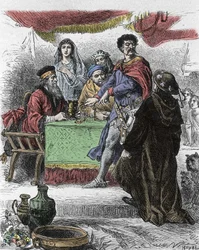 Ilustración para "Ivanhoe" de Walter Scott (1771-1832), escritor escocés: Ivanhoe es desafiado por el caballero sajón Brian de Bois Guilbert.