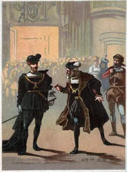 Ilustración de “Ernani” del compositor italiano Giuseppe Verdi (1813 - 1901), acto 1, escena II ópera creada en 1844 después de la tragedia “Hernani” de Victor Hugo. Cromolitografía de finales del siglo XIX.