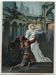 Ilustración de “Ernani” del compositor italiano Giuseppe Verdi (1813-1901), acto 2, escena IV ópera creada en 1844 después de la tragedia “Hernani” de Victor Hugo. Cromolitografía de finales del siglo XIX