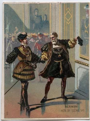 Ilustración de “Ernani” del compositor italiano Giuseppe Verdi (1813-1901), acto 3, escena VI ópera creada en 1844 después de la tragedia “Hernani” de Victor Hugo. Cromolitografía de finales del siglo XIX.