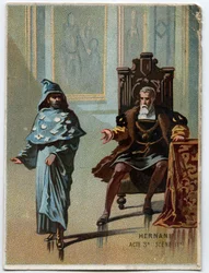 Ilustración de "Ernani" del compositor italiano Giuseppe Verdi (1813-1901), acto 3, escena 2, ópera creada en 1844 después de la tragedia "Hernani" de Victor Hugo. Cromolitografía de finales del siglo XIX.