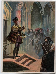 Ilustración de “Ernani” del compositor italiano Giuseppe Verdi (1813 - 1901), acto 4, escena I ópera creada en 1844 después de la tragedia “Hernani” de Victor Hugo. Cromolitografía de finales del siglo XIX.