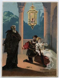 Ilustración de "Ernani" del compositor italiano Giuseppe Verdi (1813-1901), acto 5, escena VI, ópera creada en 1844 después de la tragedia "Hernani" de Victor Hugo. Cromolitografía de finales del siglo XIX.