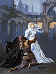 Ilustración de “Ernani” del compositor italiano Giuseppe Verdi (1813 - 1901), acto II, escena 4, ópera creada en 1844 después de la tragedia “Hernani” de Victor Hugo. Cromolitografía de finales del siglo XIX.