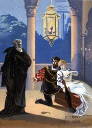 Ilustración de "Ernani" del compositor italiano Giuseppe Verdi (1813 - 1901), acto V, escena 6, ópera creada en 1844 después de la tragedia "Hernani" de Victor Hugo. Cromolitografía de finales del siglo XIX.