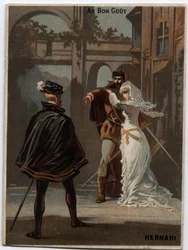 Ilustración de “Ernani” del compositor italiano Giuseppe Verdi (1813 - 1901), ópera creada en 1844 después de la tragedia “Hernani” de Victor Hugo. Cromolitografía de finales del siglo XIX.