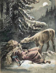Ilustración de los cuentos de Franz Hoffmann “Cuentos y Fábulas - Von Weifshändchen und breitfüßchen”: una niña desmayada en la nieve y un ciervo.