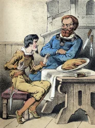 Ilustración de los cuentos de Franz Hoffmann “Cuentos y Fábulas - El alegre pequeño sastre”. Cromolitografía del siglo XIX.