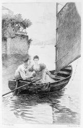 Ilustración de «Rojo y negro» de Stendhal. 1830. Julien Sorel y Madame de Rênal representados en un velero. Grabado de finales del siglo XIX.
