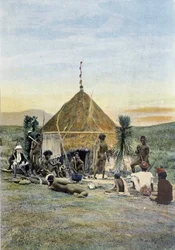 Ilustración de un campamento telegráfico cerca de Uarai en Nueva Caledonia