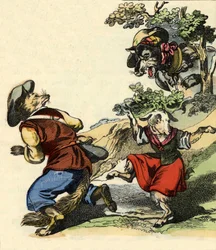 Ilustración del cuento “Bon Médor y la Pequeña Cabra”. En “Cuentos del hogar para los pequeños”. Grabado anónimo del siglo XIX.