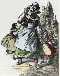 Ilustración del cuento "Buena Mamá Oveja". En "Cuentos del hogar para los pequeños". Grabado anónimo del siglo XIX