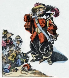 Ilustración del cuento “El terrible Raminagrobis y los ratones” personaje de las fábulas de Jean de la Fontaine. En “Cuentos del hogar para los pequeños”. Grabado anónimo del siglo XIX.