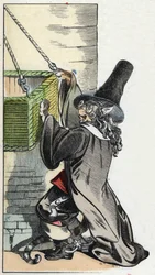 Ilustración del cuento “El terrible Raminagrobis y los ratones” personaje de fábulas de Jean de la Fontaine. En “Cuentos del hogar para los pequeños”. Grabado anónimo del siglo XIX.