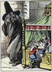 Ilustración del cuento "El terrible Raminagrobis y los ratones". Personaje de las fábulas de Jean de la Fontaine. En "Cuentos del hogar para los pequeños". Grabado anónimo del siglo XIX
