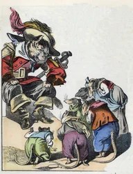 Ilustración del cuento "El terrible Raminagrobis y los ratones". Personaje de las fábulas de Jean de la Fontaine. En "Cuentos del hogar para los pequeños". Grabado anónimo del siglo XIX