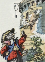 Ilustración del cuento “El terrible Raminagrobis y los ratones” personaje de fábulas de Jean de la Fontaine. En “Cuentos del hogar para los pequeños”. Grabado anónimo del siglo XIX