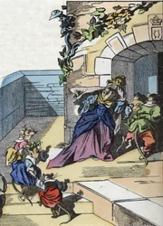 Ilustración del cuento “El terrible Raminagrobis y los ratones” personaje de fábulas de Jean de la Fontaine. En “Cuentos del hogar para los pequeños”. Grabado anónimo del siglo XIX