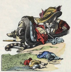 Ilustración del cuento "El terrible Raminagrobis y los ratones". En "Cuentos del hogar para los pequeños". Grabado anónimo del siglo XIX.