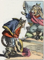Ilustración del cuento "El terrible Raminagrobis y los ratones". En "Cuentos del hogar para los pequeños". Grabado anónimo del siglo XIX.