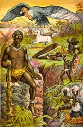 Ilustración con monstruos imaginarios de África titulada Supersticiones africanas ilustradas (ciclopio, unicornio...), circa 1889